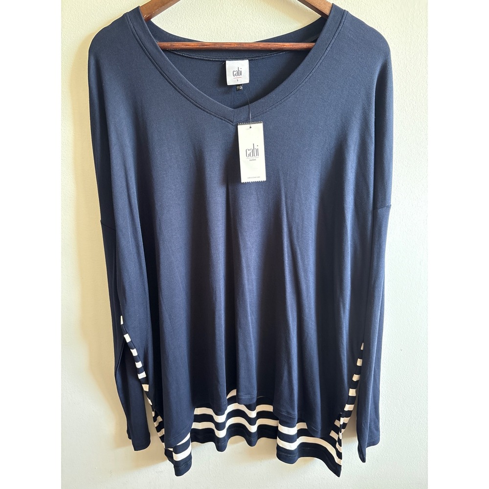 CAbi Navy Blue Striped Hem Tunic Top Long Sleeve Women's